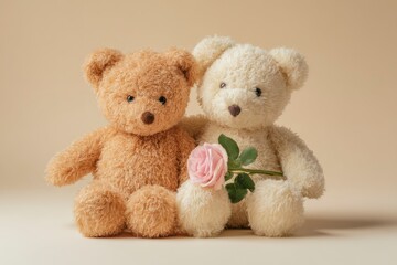Two plush teddy bears one tan one white sitting together with a pink rose in the white bears arm Soft background