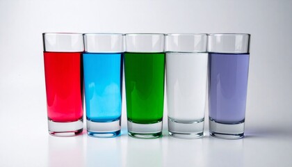 Five Colorful Liquids in Shot Glasses on White Background