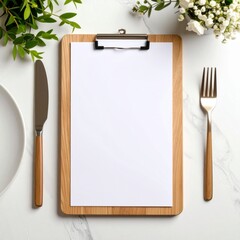 Blank paper menu on table – restaurant branding mockup