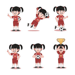Cute Chinese Girl Cartoon Character Playing Football with different pose