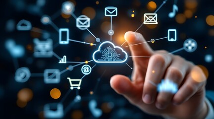 Human finger interacting with a glowing network of digital cloud services and icons