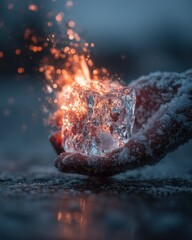 Dynamic Close-Up of a Frost-Dusted Hand Holding a Luminous Ice Cube Emitting Fiery Sparks and Warm Glow