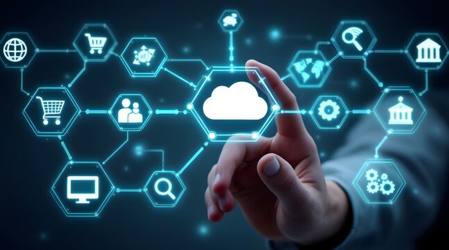 Hand touching a glowing cloud icon in a digital network of business and technology symbols