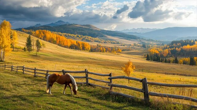 Golden autumn landscape with a horse grazing peacefully in a field, mountains and trees in vibrant fall colors under a partly cloudy sky