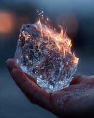 Intricate Close-Up of a Human Hand Holding a Frost-Covered Ice Block Engulfed in Fiery Flames and Luminous Sparks