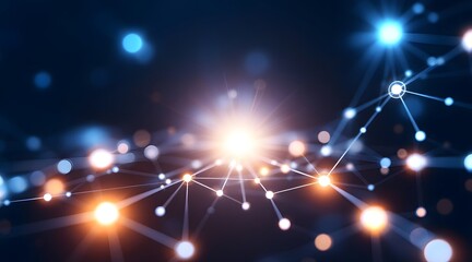 Abstract glowing network of interconnected nodes and lines with bright light burst