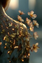 Ethereal Close-Up of a Person's Shoulder Adorned with Delicate Flowers, Golden Leaves, and Luminous Details, Bathed in Soft Light