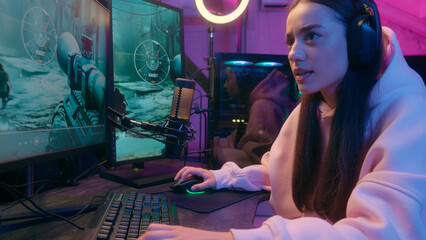 Stressed emotional upset sad Caucasian woman female girl user gamer streamer talking microphone...