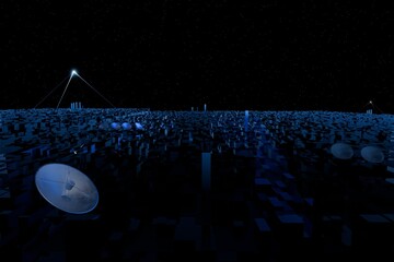 3d render of scifi city with satellite dishes and glowing pyramid structures