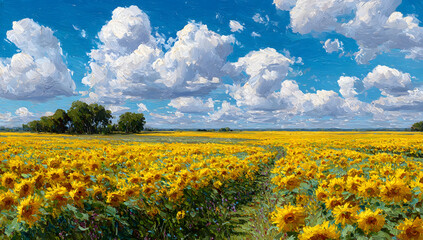 Obraz premium Colorful Sunflower Field Under Sunny Sky