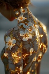 Striking Close-Up of a Person's Back Adorned with Luminous White Flowers and Interwoven Golden Filigree, Glistening with Light