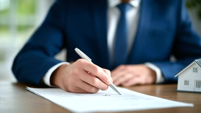 Home purchase agreement paperwork spread on office table, with real estate agent highlighting clauses using ballpoint pen.