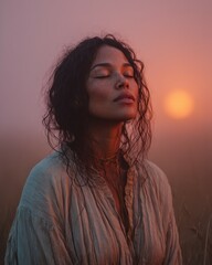 Peaceful Woman with Eyes Closed Meditating in a Misty Field at Sunrise, Bathed in the Soft Glow of the Rising Sun