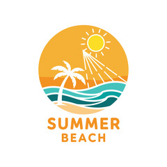 Naklejka premium Vector illustration of a tropical summer beach scene with palm trees and waves, ideal for vacation, travel, and tourism designs