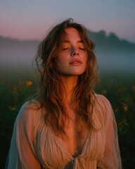 Poetic Portrait of a Woman with Eyes Closed and Freckles, Immersed in a Misty Field at Sunrise with a Serene Expression
