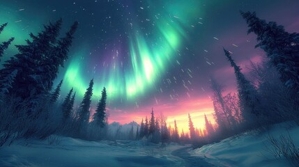 A breathtaking winter landscape at dawn with auroras.