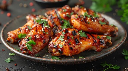 Delicious grilled chicken wings, glazed and sprinkled with sesame seeds on a plate, tempting culinary delight.