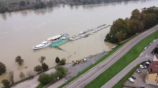 Po river flooding at Boretto, Italiy. High quality 4k footage