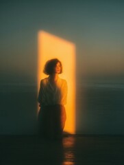 Golden Portal of Reflection: Thoughtful Woman Bathed in Warm Light from Abstract Opening, Embracing Self-Discovery and Serene Contemplation