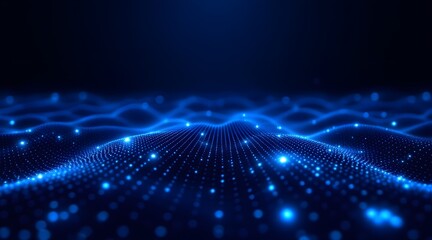 Abstract blue digital wave pattern composed of glowing particles and bokeh effects