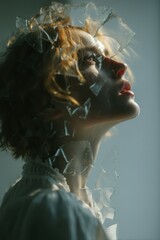 Shattered Perception: Close-up of a Woman's Face with Reflective Glass Shards, Symbolizing Fragmented Reality, Inner Vision, and Disruption