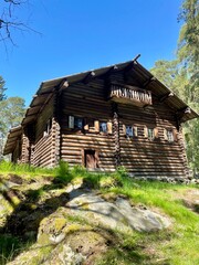 Old dilapidated ancient wooden house in the village. Finland, 19th century