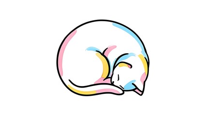 A white cat curled up asleep with blue pink and yellow accents on a white background illustration