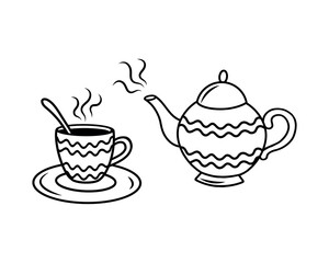 Vector illustration of a cup, saucer and teapot
