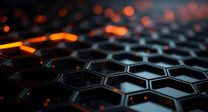 Dark hexagonal grid with glowing orange lights abstract background