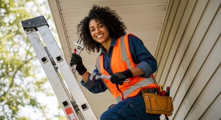 Young black woman using wrench while standing on ladder outdoors  