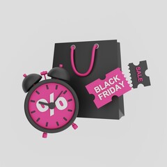 Sale time 3D concept. Gift bag for shopping, watch with percentage, discount coupon. Black Friday. Special offer. 3D rendering.
