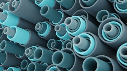 3d abstract design of blue-gray cylinders in dynamics. Modern background with industrial and futuristic aesthetics. 3d rendering.