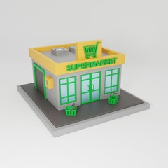 3d icon supermarket or grocery store building with shopping baskets. Convenience store. 3d rendering.