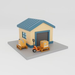 3d warehouse building, post office, forklift with pallets and cardboard boxes. Logistics concept, sorting center, parcel storage, goods transportation. 3d rendering.