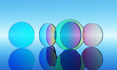 Abstract background of gradient glass disks in ramdom arrangement on mirror surface. Modern graphic design, neo-futuristic scene. 3d rendering.