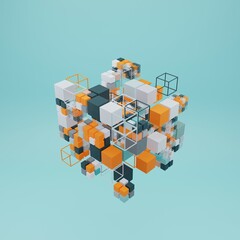 Abstract background of square objects in cubic style. Three-dimensional futuristic geometric figures in isometric projection.3d rendering.
