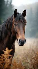 Obraz premium Majestic brown horse standing in a misty field surrounded by tall grass and autumn foliage during early morning light