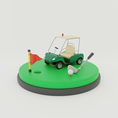 3d icon of golf cart with club and ball, with hole and flag on golf course. Active sport in nature. 3d rendering.

