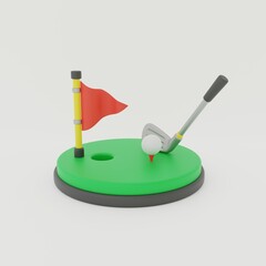 3d icon of golf club and ball with hole and flag on golf course. Ball sport for the whole family. 3d rendering.