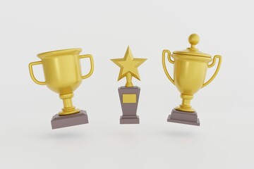 3d realistic icons set of winner gold cup isolated on white background. Award for sports competition, intellectual tournament, olympiad. 3d rendering.
