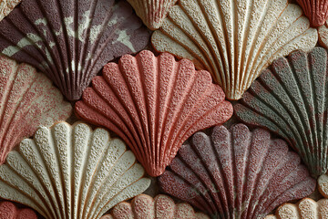 Colorful close-up of textured scallop shell tiles in an overlapping pattern with radiating lines. Ideal for backgrounds, design inspiration, or natural decorative concepts in coastal or boho styles.