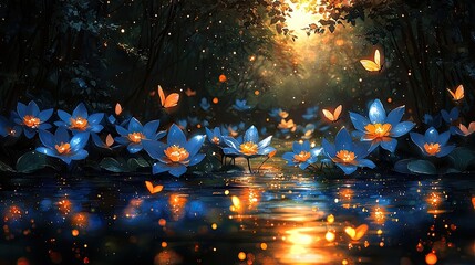 A magical forest pond, illuminated by glowing flowers and butterflies.