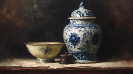 Still life oil painting of antique bowl and vase
