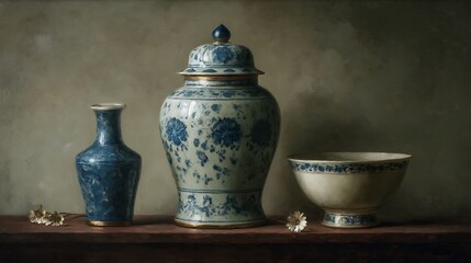 Still life oil painting of antique bowl and vase
