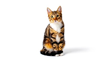 Obraz premium A tabby cat sitting upright with a white background looking directly at the camera with bright eyes