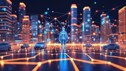 Abstract IoT Network Visualization with Human Figure and Smart Device Connections