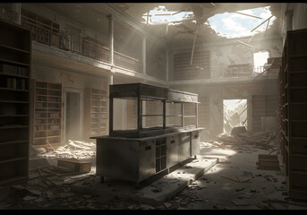 Obraz premium Damaged library interior with sunlight