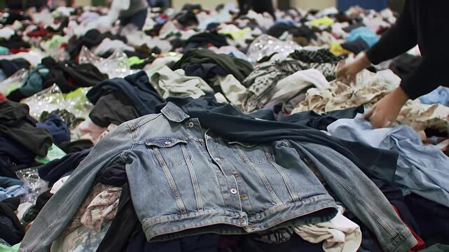 Denim jacket atop a large pile of unsorted, colorful secondhand clothing