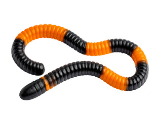 Naklejka premium Candy for Halloween, orange and black striped gummy worm isolated on white background.