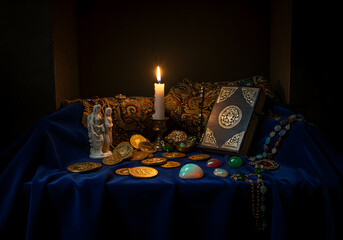 Dark still life arrangement with candle